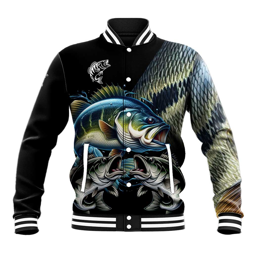 Largemouth Bass Fishing Scale Customize Name Baseball Jacket Aggressive Bass Scaled Texture and Black Sporty - Wonder Print Shop