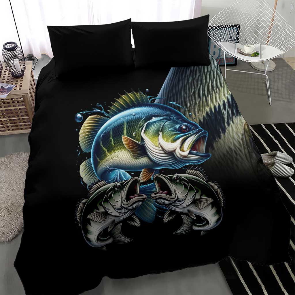 Largemouth Bass Fishing Scale Customize Name Bedding Set Aggressive Bass Scaled Texture and Black Sporty - Wonder Print Shop