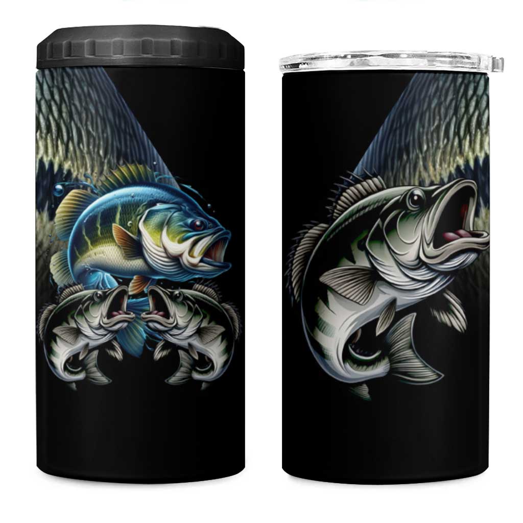 Largemouth Bass Fishing Scale Customize Name 4 in 1 Can Cooler Tumbler Aggressive Bass Scaled Texture and Black Sporty - Wonder Print Shop