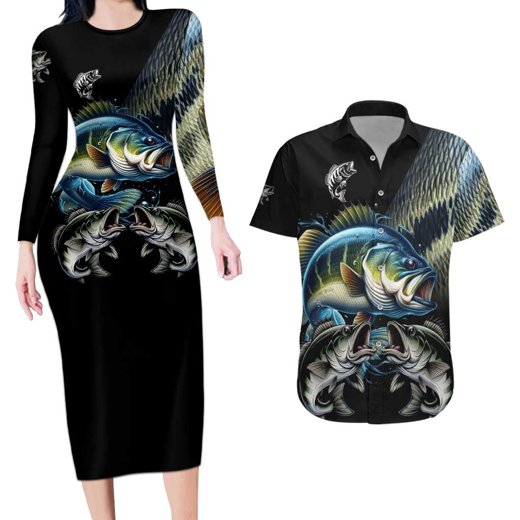 Largemouth Bass Fishing Scale Customize Name Couples Matching Long Sleeve Bodycon Dress and Hawaiian Shirt Aggressive Bass Scaled Texture and Black Sporty - Wonder Print Shop