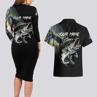 Largemouth Bass Fishing Scale Customize Name Couples Matching Long Sleeve Bodycon Dress and Hawaiian Shirt Aggressive Bass Scaled Texture and Black Sporty - Wonder Print Shop
