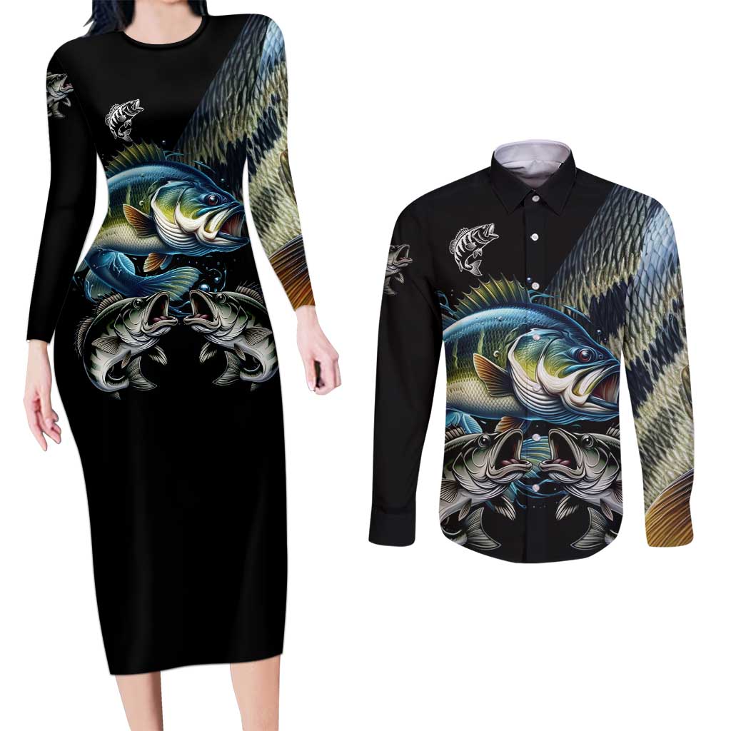 Largemouth Bass Fishing Scale Customize Name Couples Matching Long Sleeve Bodycon Dress and Long Sleeve Button Shirt Aggressive Bass Scaled Texture and Black Sporty - Wonder Print Shop