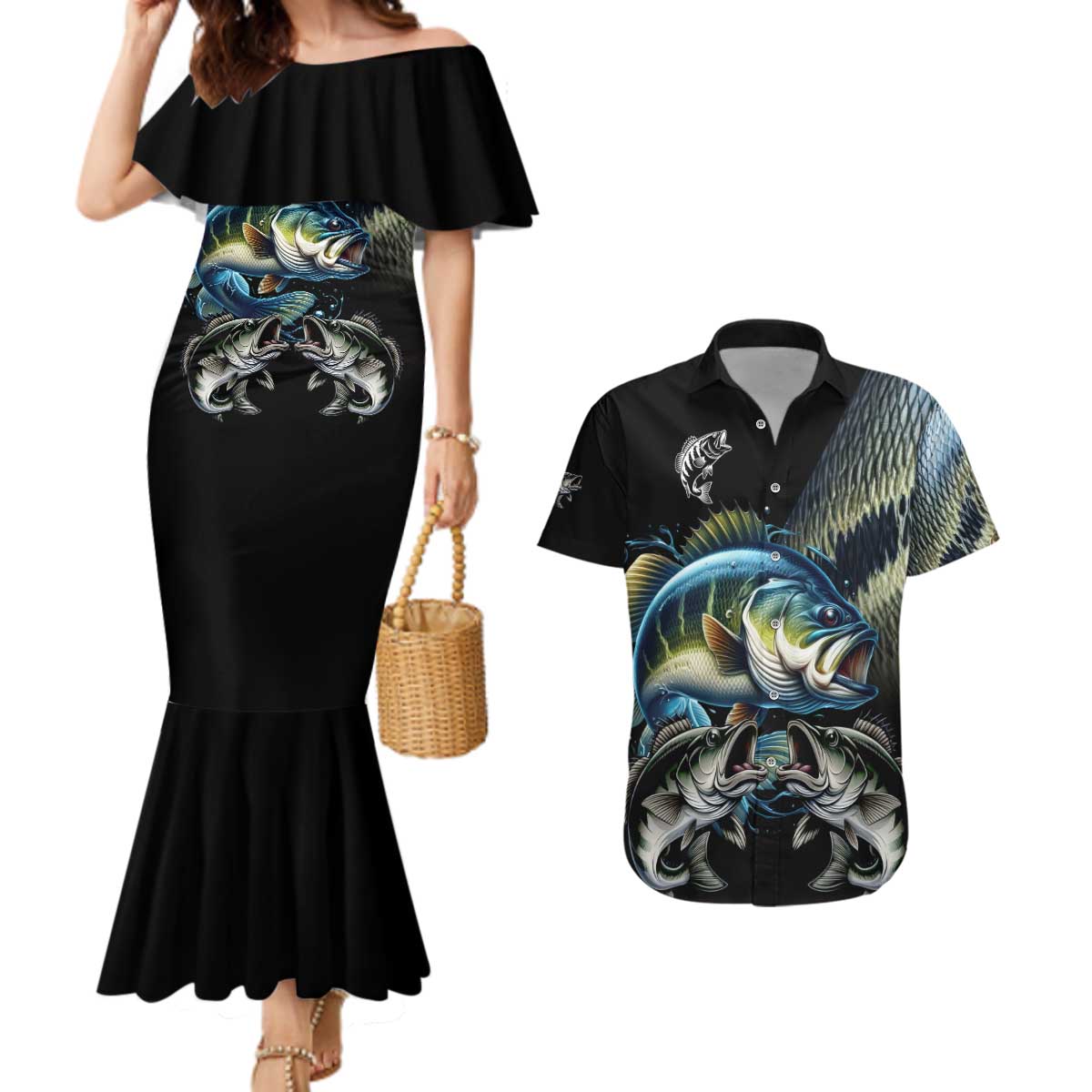 Largemouth Bass Fishing Scale Customize Name Couples Matching Mermaid Dress and Hawaiian Shirt Aggressive Bass Scaled Texture and Black Sporty - Wonder Print Shop