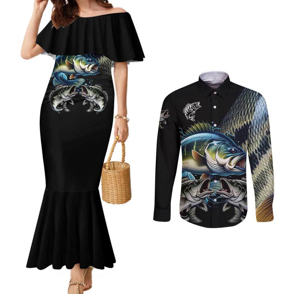 Largemouth Bass Fishing Scale Customize Name Couples Matching Mermaid Dress and Long Sleeve Button Shirt Aggressive Bass Scaled Texture and Black Sporty - Wonder Print Shop