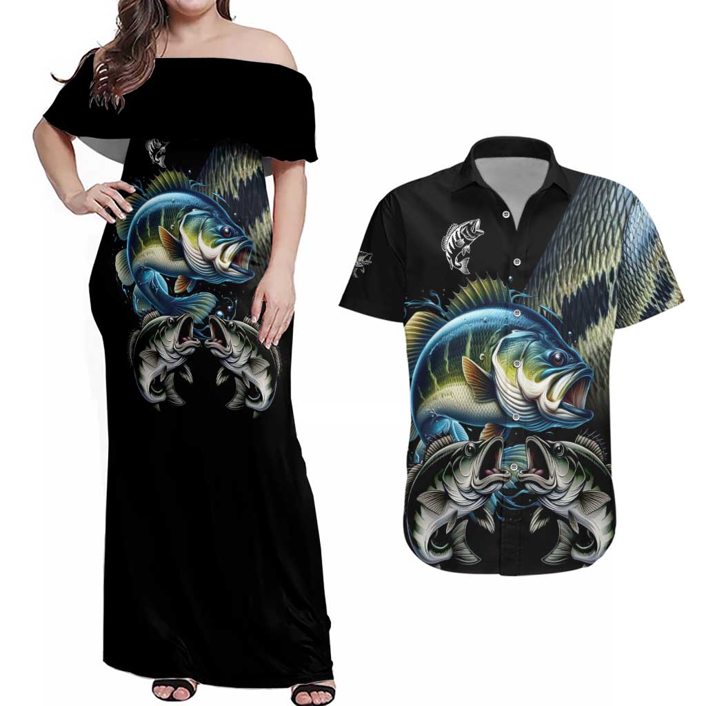 Largemouth Bass Fishing Scale Customize Name Couples Matching Off Shoulder Maxi Dress and Hawaiian Shirt Aggressive Bass Scaled Texture and Black Sporty - Wonder Print Shop