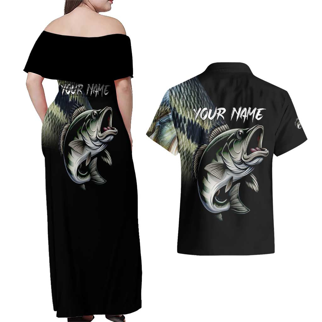 Largemouth Bass Fishing Scale Customize Name Couples Matching Off Shoulder Maxi Dress and Hawaiian Shirt Aggressive Bass Scaled Texture and Black Sporty - Wonder Print Shop