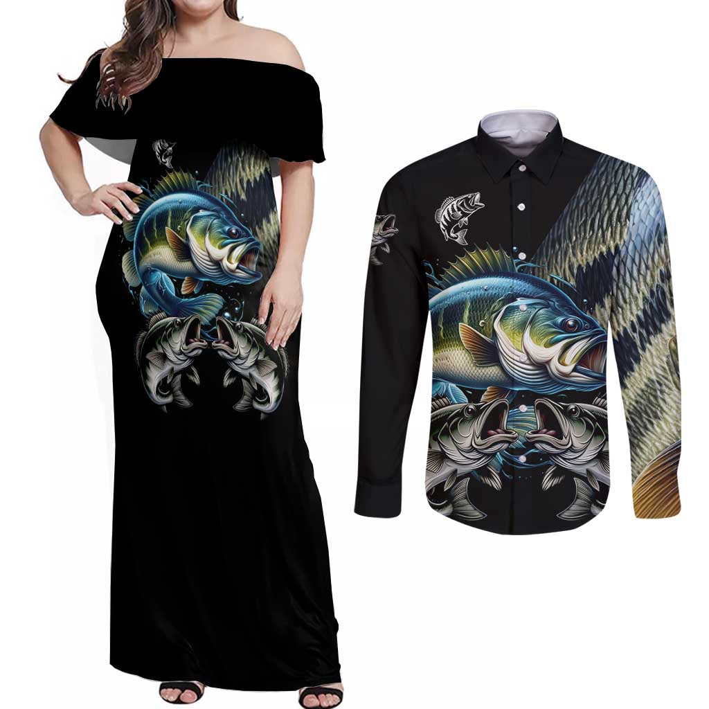 Largemouth Bass Fishing Scale Customize Name Couples Matching Off Shoulder Maxi Dress and Long Sleeve Button Shirt Aggressive Bass Scaled Texture and Black Sporty - Wonder Print Shop