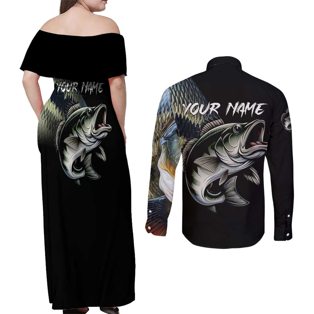 Largemouth Bass Fishing Scale Customize Name Couples Matching Off Shoulder Maxi Dress and Long Sleeve Button Shirt Aggressive Bass Scaled Texture and Black Sporty - Wonder Print Shop