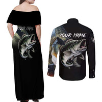 Largemouth Bass Fishing Scale Customize Name Couples Matching Off Shoulder Maxi Dress and Long Sleeve Button Shirt Aggressive Bass Scaled Texture and Black Sporty - Wonder Print Shop