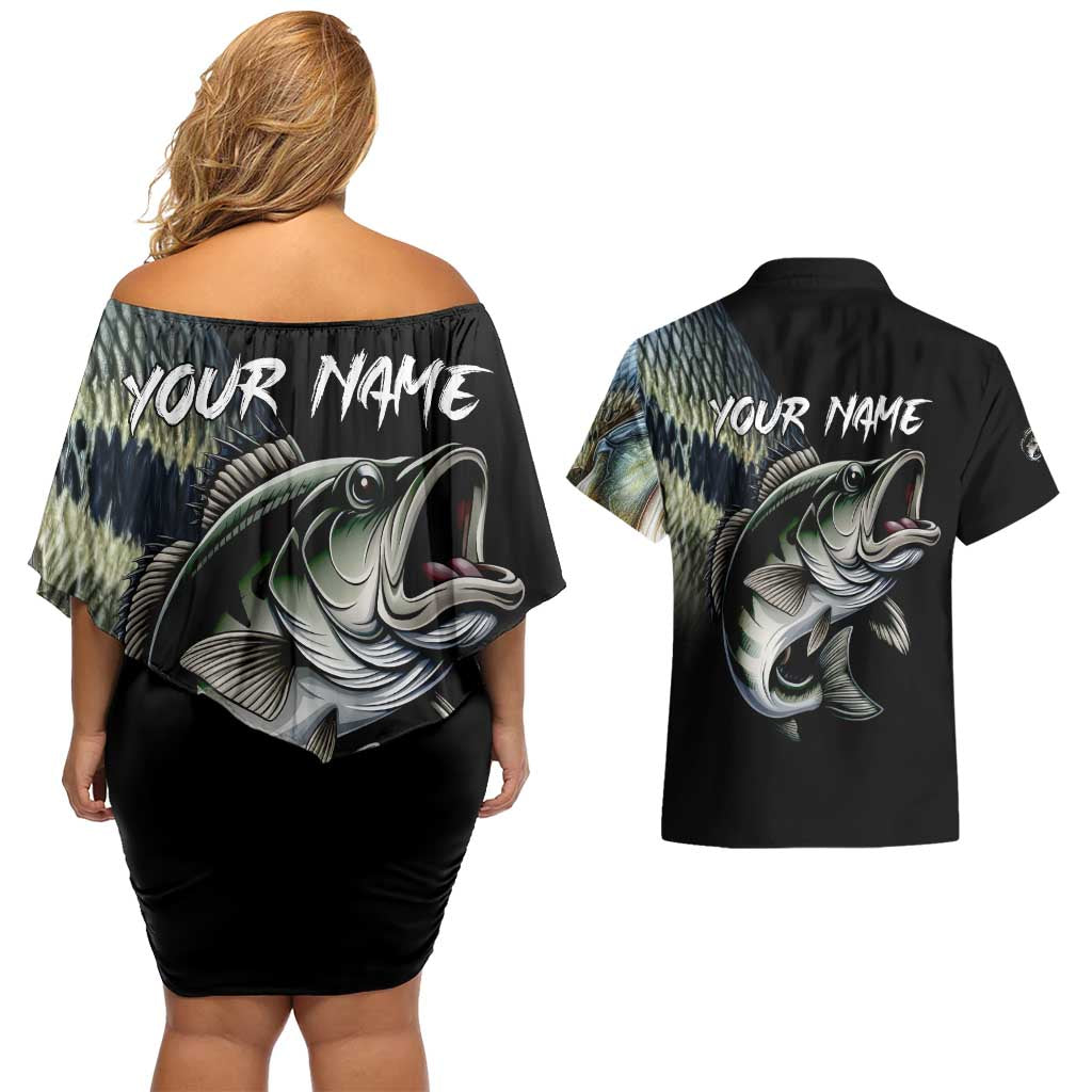 Largemouth Bass Fishing Scale Customize Name Couples Matching Off Shoulder Short Dress and Hawaiian Shirt Aggressive Bass Scaled Texture and Black Sporty - Wonder Print Shop