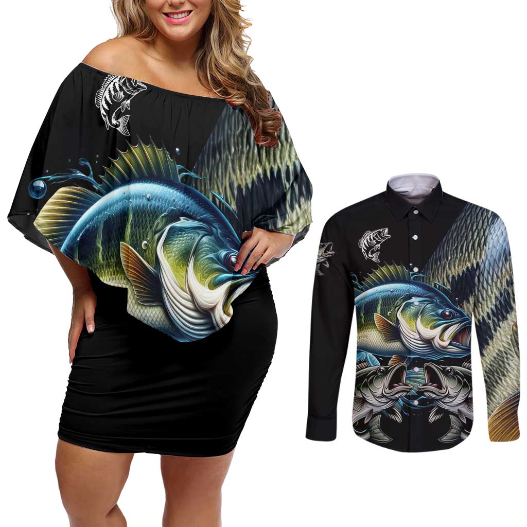 Largemouth Bass Fishing Scale Customize Name Couples Matching Off Shoulder Short Dress and Long Sleeve Button Shirt Aggressive Bass Scaled Texture and Black Sporty - Wonder Print Shop