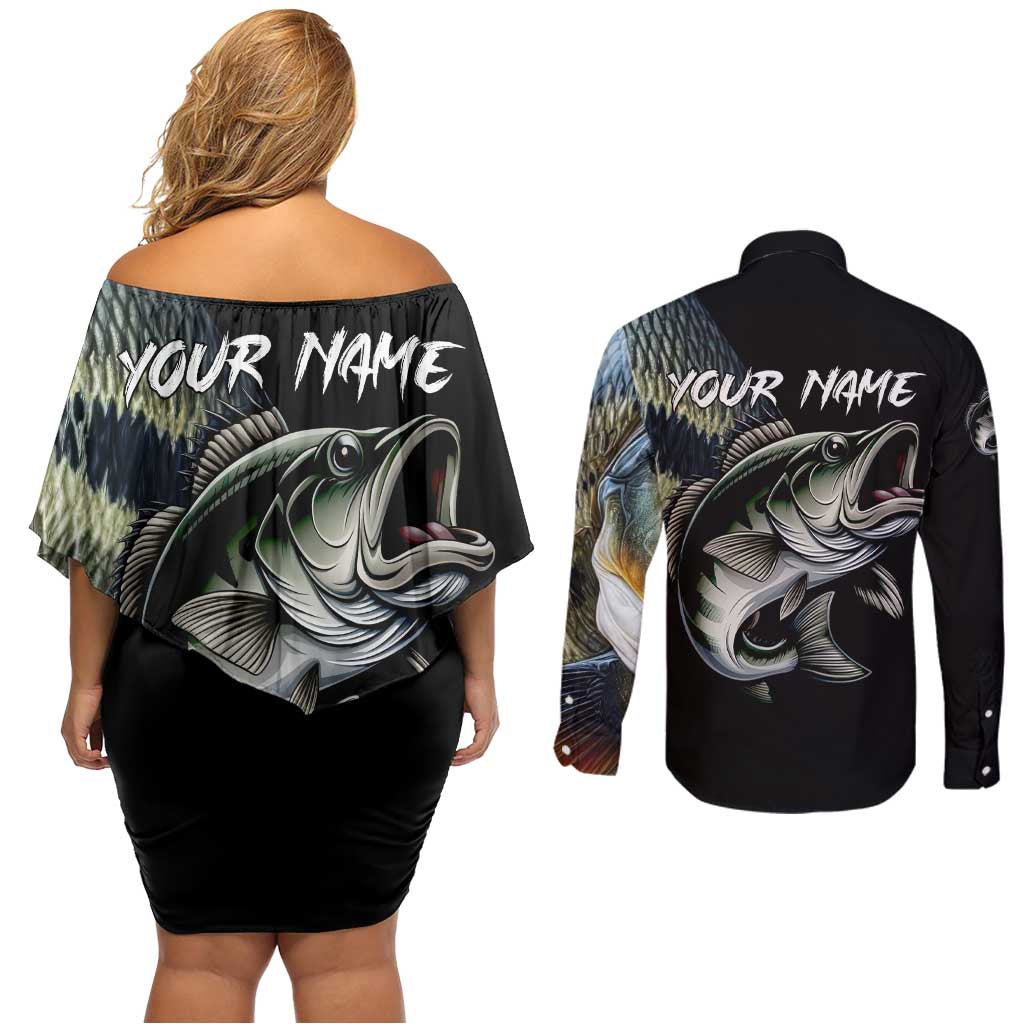 Largemouth Bass Fishing Scale Customize Name Couples Matching Off Shoulder Short Dress and Long Sleeve Button Shirt Aggressive Bass Scaled Texture and Black Sporty - Wonder Print Shop