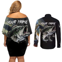 Largemouth Bass Fishing Scale Customize Name Couples Matching Off Shoulder Short Dress and Long Sleeve Button Shirt Aggressive Bass Scaled Texture and Black Sporty - Wonder Print Shop
