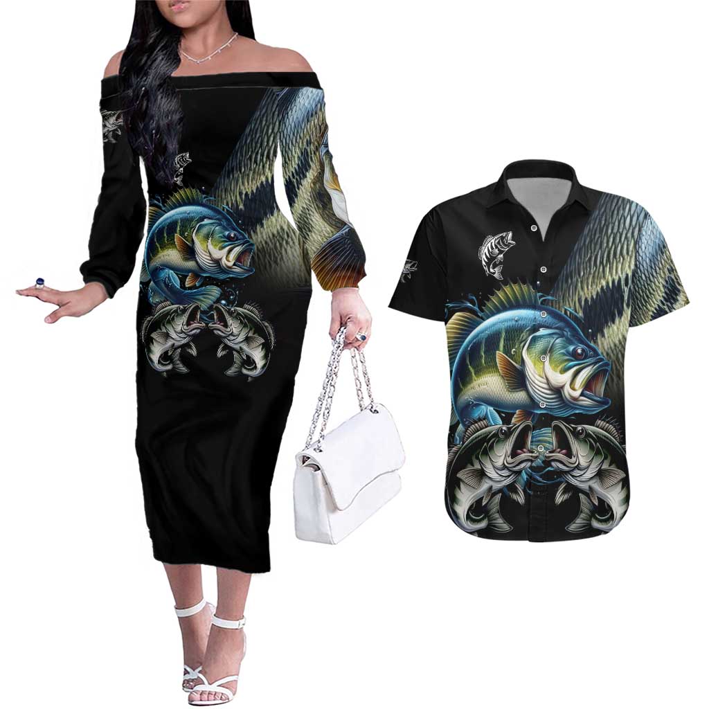 Largemouth Bass Fishing Scale Customize Name Couples Matching Off The Shoulder Long Sleeve Dress and Hawaiian Shirt Aggressive Bass Scaled Texture and Black Sporty - Wonder Print Shop