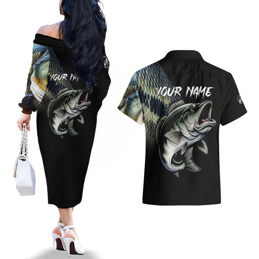 Largemouth Bass Fishing Scale Customize Name Couples Matching Off The Shoulder Long Sleeve Dress and Hawaiian Shirt Aggressive Bass Scaled Texture and Black Sporty - Wonder Print Shop