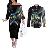 Largemouth Bass Fishing Scale Customize Name Couples Matching Off The Shoulder Long Sleeve Dress and Long Sleeve Button Shirt Aggressive Bass Scaled Texture and Black Sporty - Wonder Print Shop