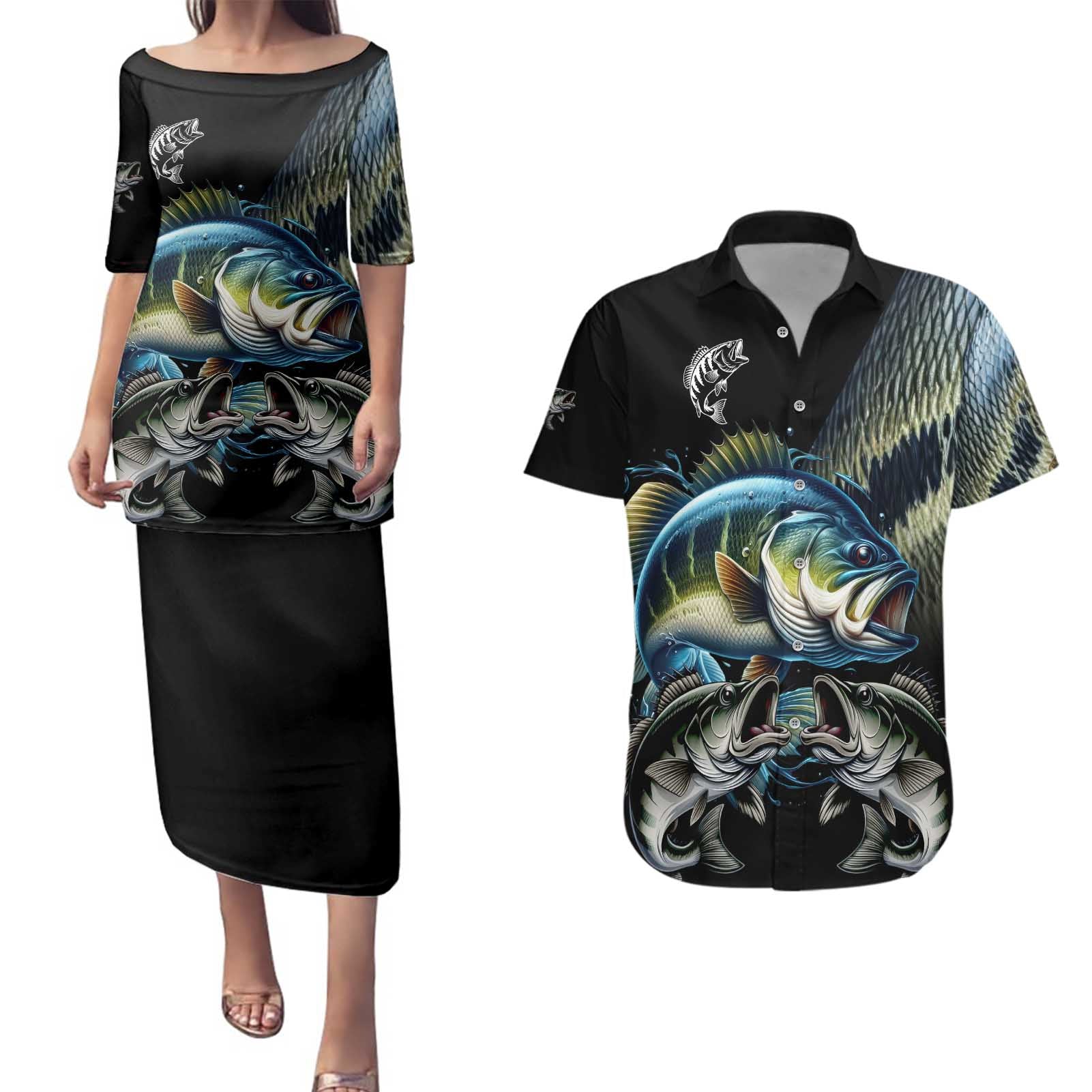 Largemouth Bass Fishing Scale Customize Name Couples Matching Puletasi and Hawaiian Shirt Aggressive Bass Scaled Texture and Black Sporty - Wonder Print Shop