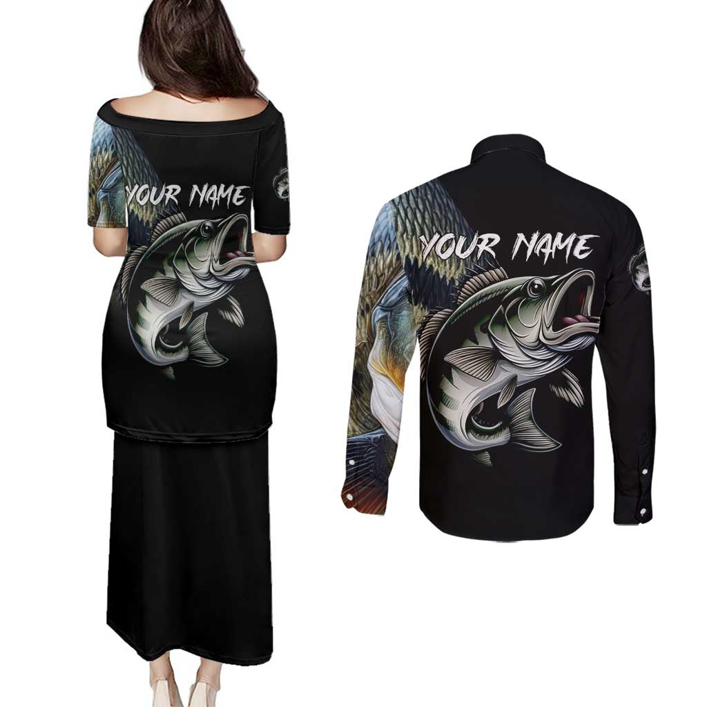 Largemouth Bass Fishing Scale Customize Name Couples Matching Puletasi and Long Sleeve Button Shirt Aggressive Bass Scaled Texture and Black Sporty - Wonder Print Shop