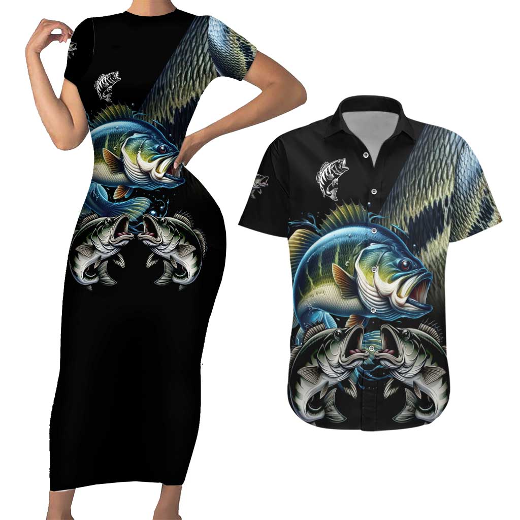 Largemouth Bass Fishing Scale Customize Name Couples Matching Short Sleeve Bodycon Dress and Hawaiian Shirt Aggressive Bass Scaled Texture and Black Sporty - Wonder Print Shop