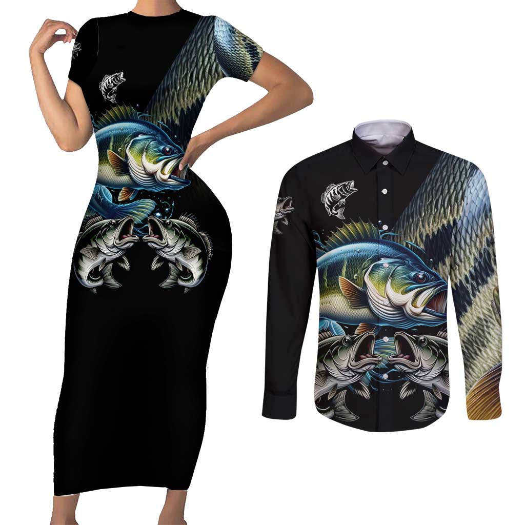 Largemouth Bass Fishing Scale Customize Name Couples Matching Short Sleeve Bodycon Dress and Long Sleeve Button Shirt Aggressive Bass Scaled Texture and Black Sporty - Wonder Print Shop