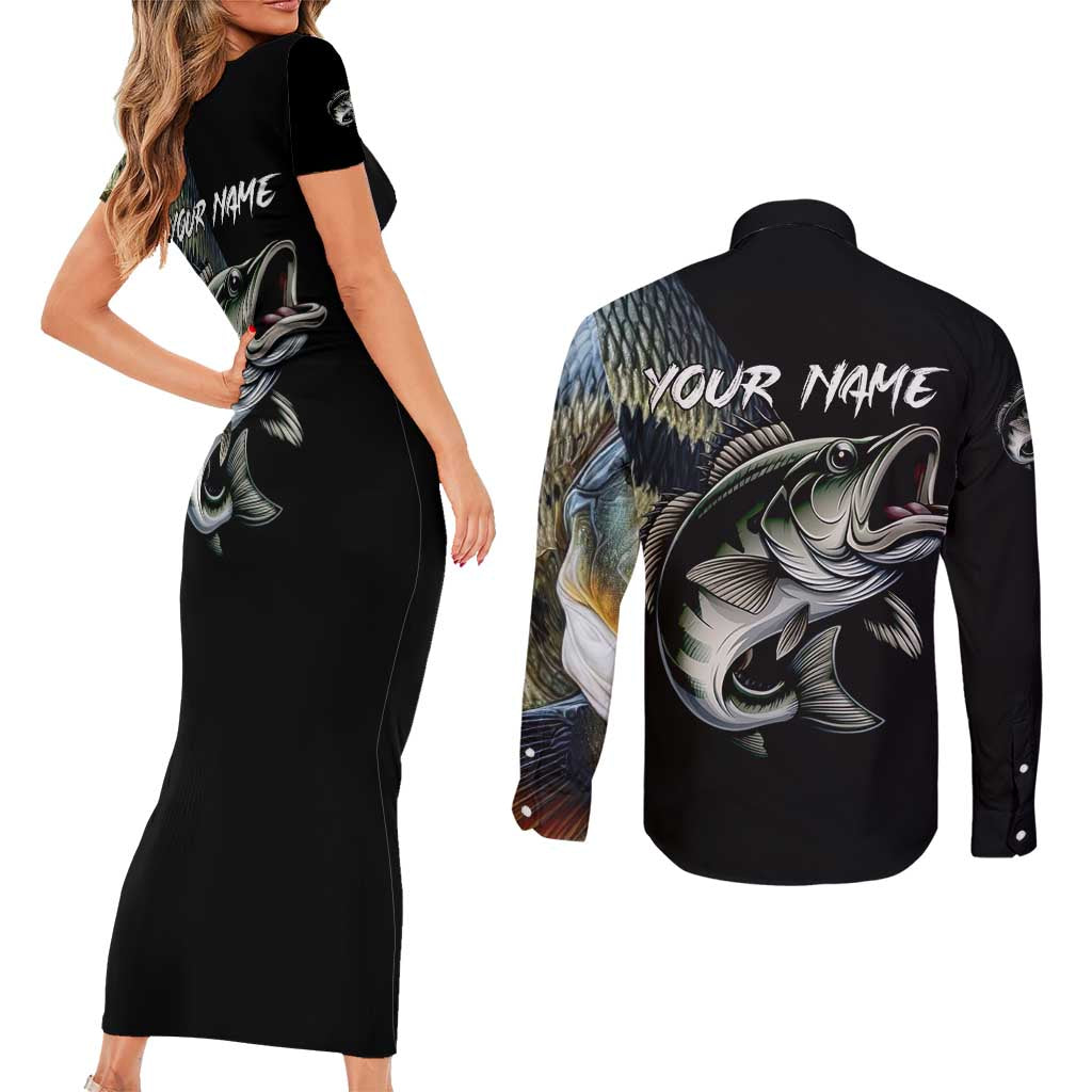 Largemouth Bass Fishing Scale Customize Name Couples Matching Short Sleeve Bodycon Dress and Long Sleeve Button Shirt Aggressive Bass Scaled Texture and Black Sporty - Wonder Print Shop