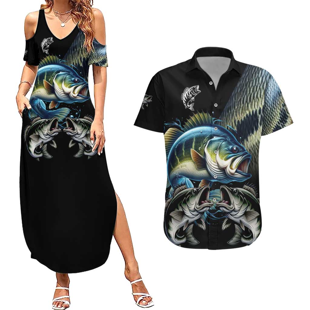 Largemouth Bass Fishing Scale Customize Name Couples Matching Summer Maxi Dress and Hawaiian Shirt Aggressive Bass Scaled Texture and Black Sporty - Wonder Print Shop
