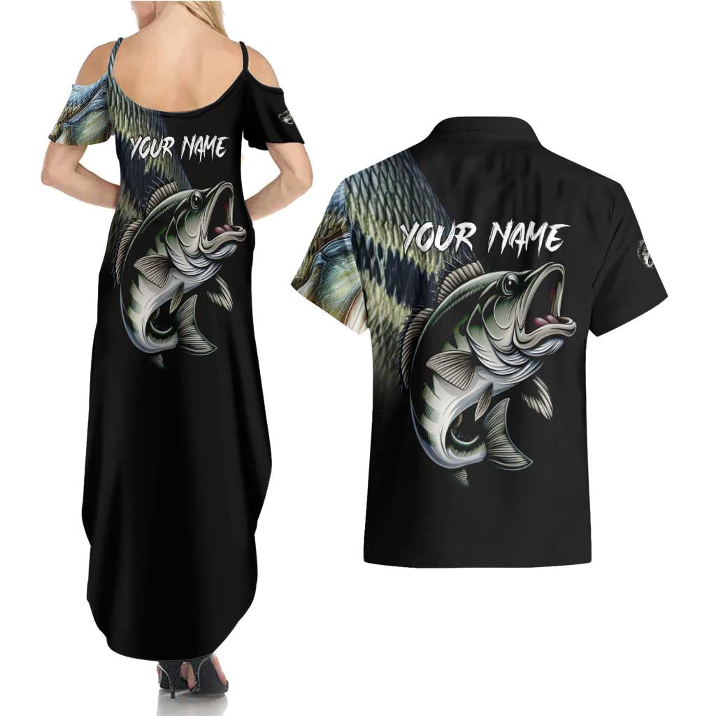 Largemouth Bass Fishing Scale Customize Name Couples Matching Summer Maxi Dress and Hawaiian Shirt Aggressive Bass Scaled Texture and Black Sporty - Wonder Print Shop