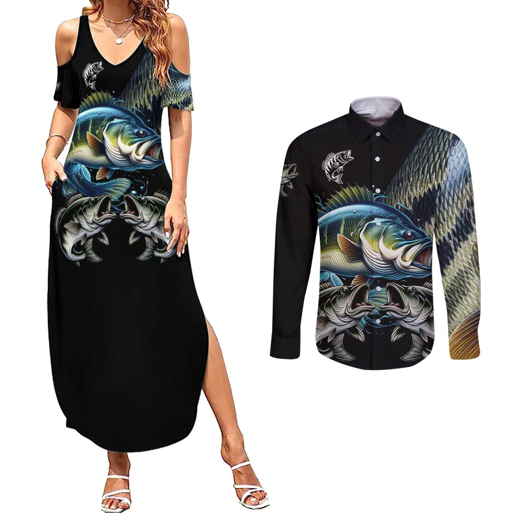 Largemouth Bass Fishing Scale Customize Name Couples Matching Summer Maxi Dress and Long Sleeve Button Shirt Aggressive Bass Scaled Texture and Black Sporty - Wonder Print Shop