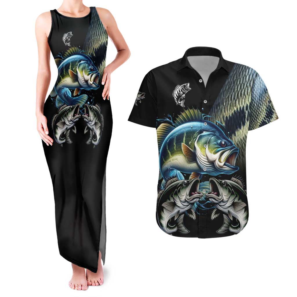 Largemouth Bass Fishing Scale Customize Name Couples Matching Tank Maxi Dress and Hawaiian Shirt Aggressive Bass Scaled Texture and Black Sporty - Wonder Print Shop