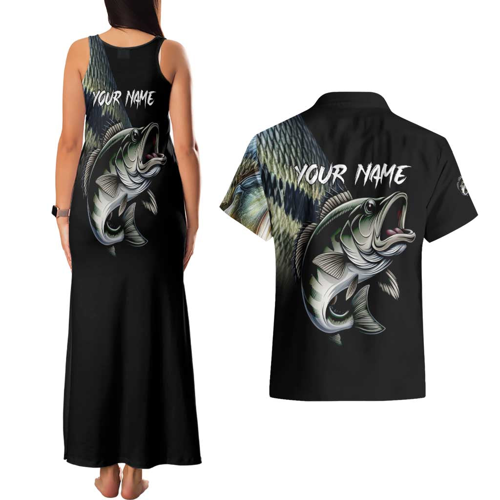Largemouth Bass Fishing Scale Customize Name Couples Matching Tank Maxi Dress and Hawaiian Shirt Aggressive Bass Scaled Texture and Black Sporty - Wonder Print Shop