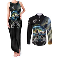 Largemouth Bass Fishing Scale Customize Name Couples Matching Tank Maxi Dress and Long Sleeve Button Shirt Aggressive Bass Scaled Texture and Black Sporty - Wonder Print Shop
