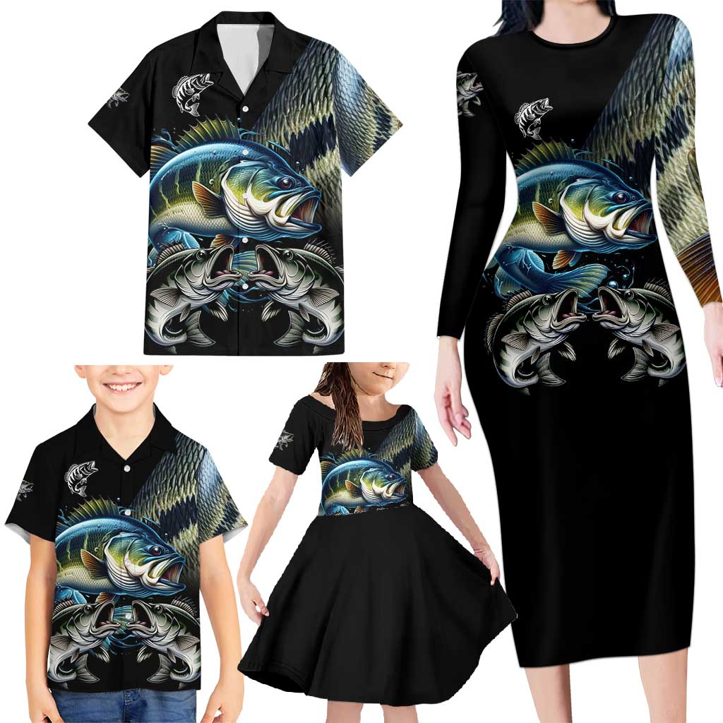 Largemouth Bass Fishing Scale Customize Name Family Matching Long Sleeve Bodycon Dress and Hawaiian Shirt Aggressive Bass Scaled Texture and Black Sporty - Wonder Print Shop
