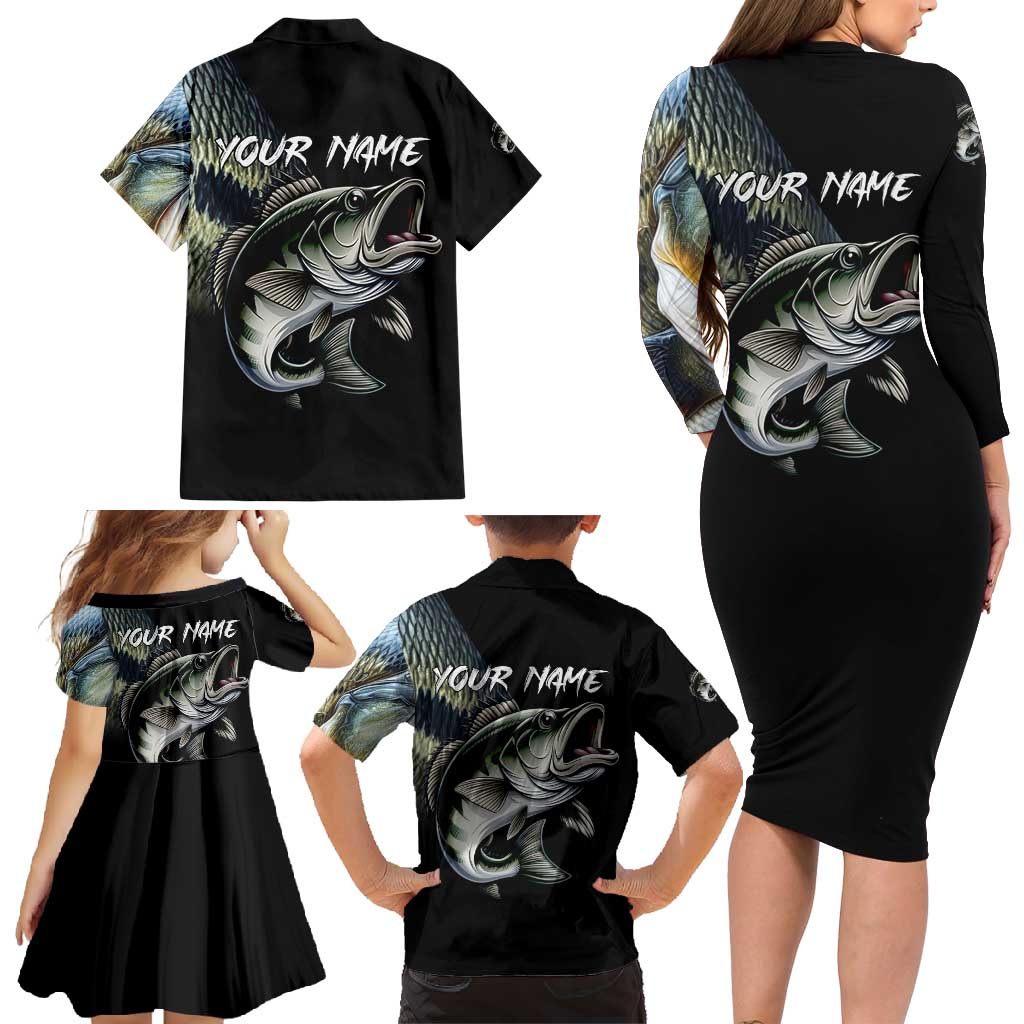 Largemouth Bass Fishing Scale Customize Name Family Matching Long Sleeve Bodycon Dress and Hawaiian Shirt Aggressive Bass Scaled Texture and Black Sporty - Wonder Print Shop