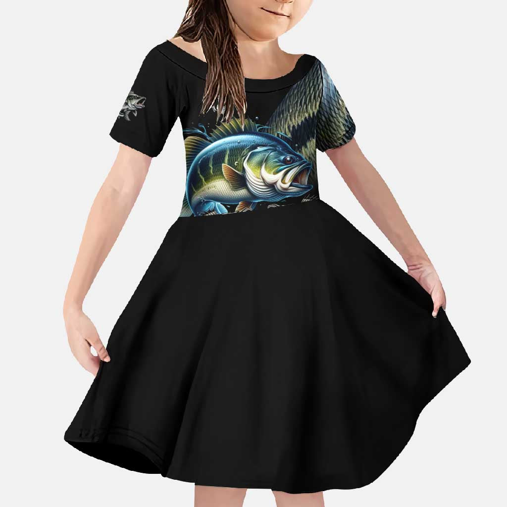 Largemouth Bass Fishing Scale Customize Name Family Matching Mermaid Dress and Hawaiian Shirt Aggressive Bass Scaled Texture and Black Sporty - Wonder Print Shop