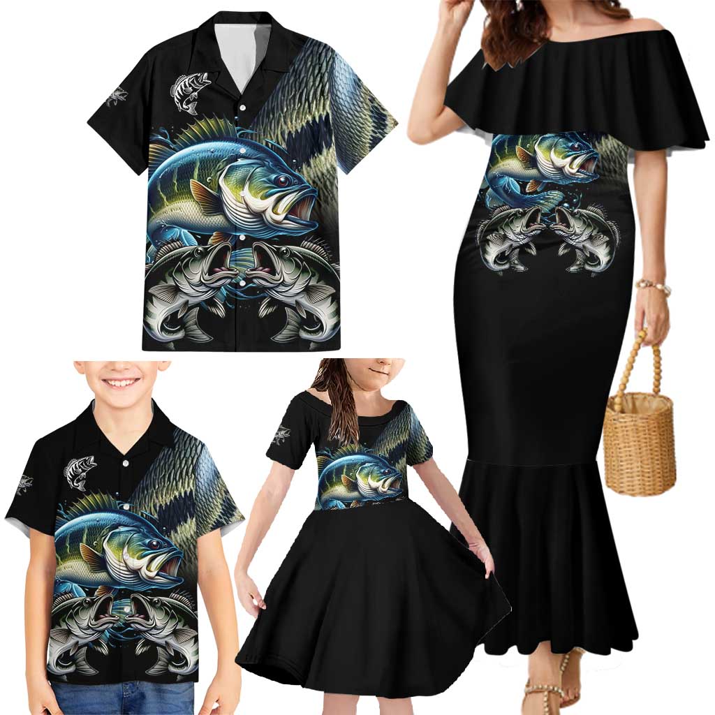 Largemouth Bass Fishing Scale Customize Name Family Matching Mermaid Dress and Hawaiian Shirt Aggressive Bass Scaled Texture and Black Sporty - Wonder Print Shop