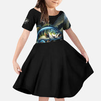 Largemouth Bass Fishing Scale Customize Name Family Matching Off The Shoulder Long Sleeve Dress and Hawaiian Shirt Aggressive Bass Scaled Texture and Black Sporty - Wonder Print Shop