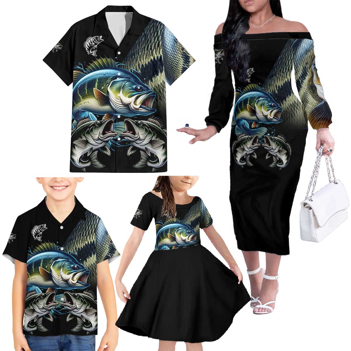 Largemouth Bass Fishing Scale Customize Name Family Matching Off The Shoulder Long Sleeve Dress and Hawaiian Shirt Aggressive Bass Scaled Texture and Black Sporty - Wonder Print Shop