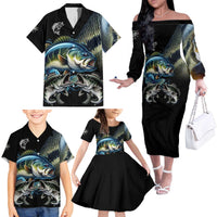 Largemouth Bass Fishing Scale Customize Name Family Matching Off The Shoulder Long Sleeve Dress and Hawaiian Shirt Aggressive Bass Scaled Texture and Black Sporty - Wonder Print Shop
