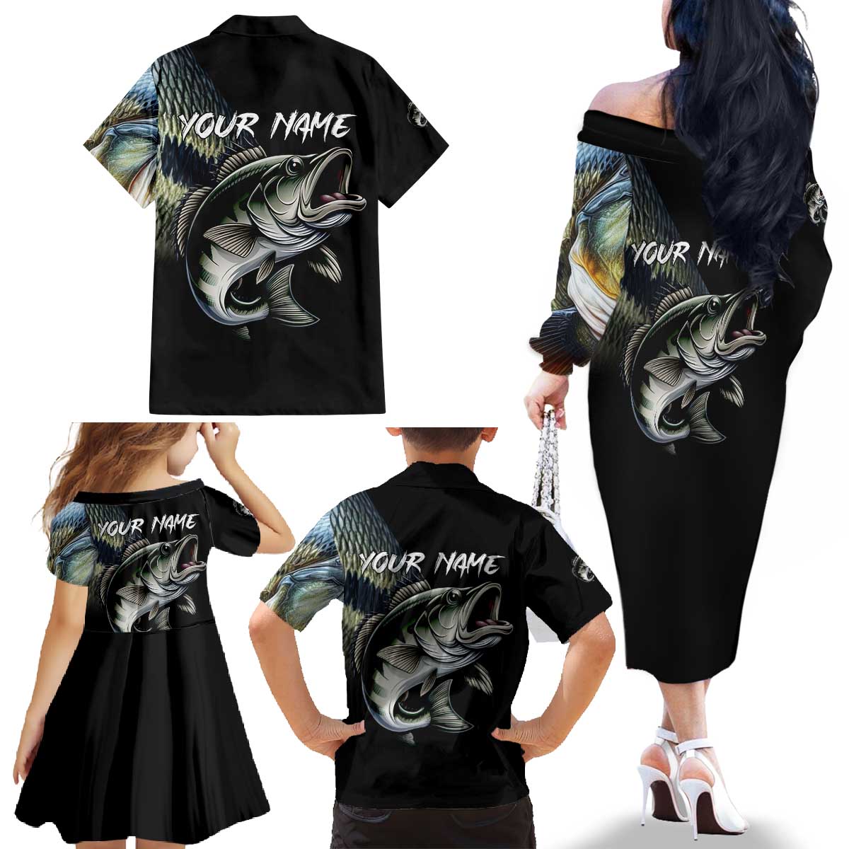 Largemouth Bass Fishing Scale Customize Name Family Matching Off The Shoulder Long Sleeve Dress and Hawaiian Shirt Aggressive Bass Scaled Texture and Black Sporty - Wonder Print Shop
