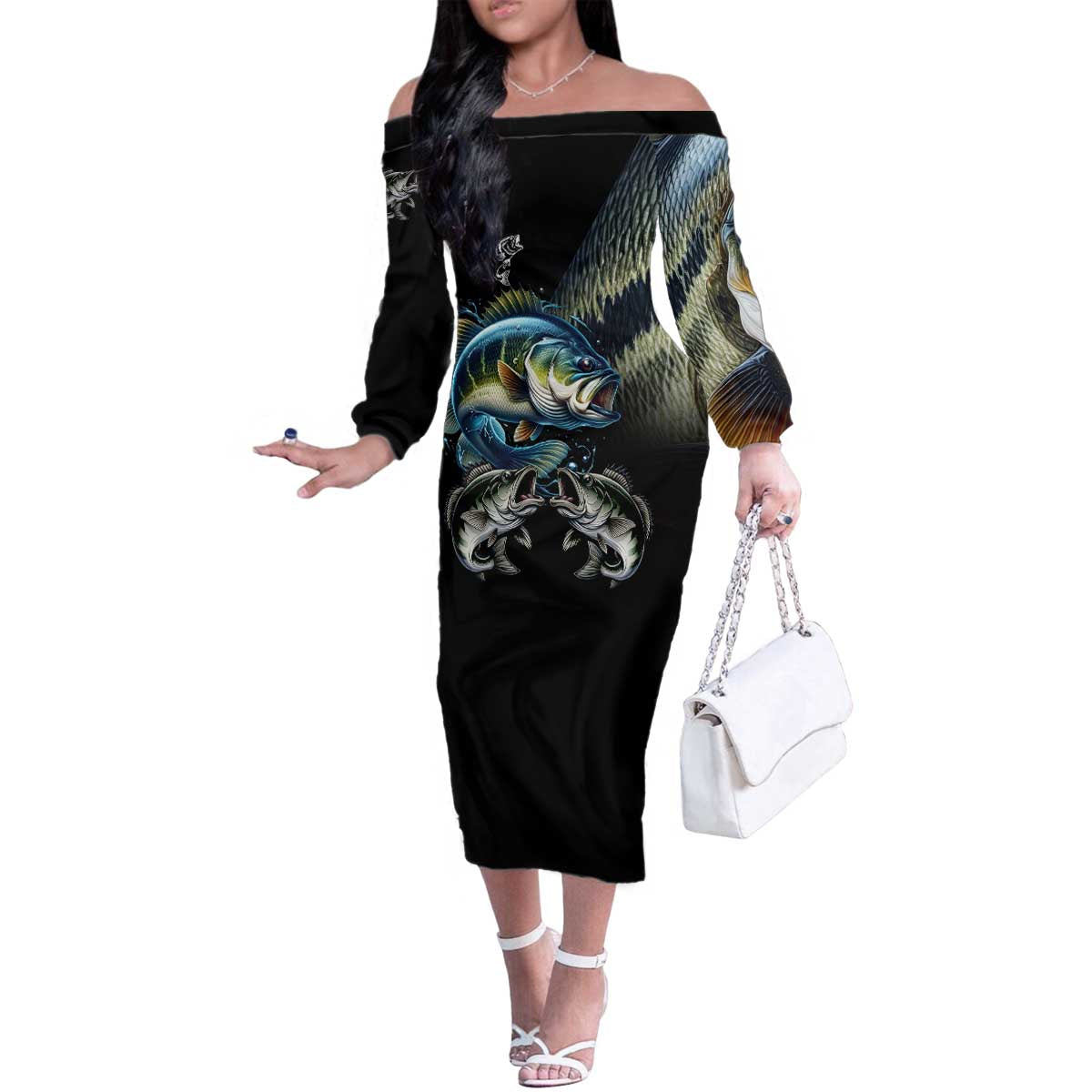 Largemouth Bass Fishing Scale Customize Name Family Matching Off The Shoulder Long Sleeve Dress and Hawaiian Shirt Aggressive Bass Scaled Texture and Black Sporty - Wonder Print Shop