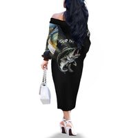 Largemouth Bass Fishing Scale Customize Name Family Matching Off The Shoulder Long Sleeve Dress and Hawaiian Shirt Aggressive Bass Scaled Texture and Black Sporty - Wonder Print Shop