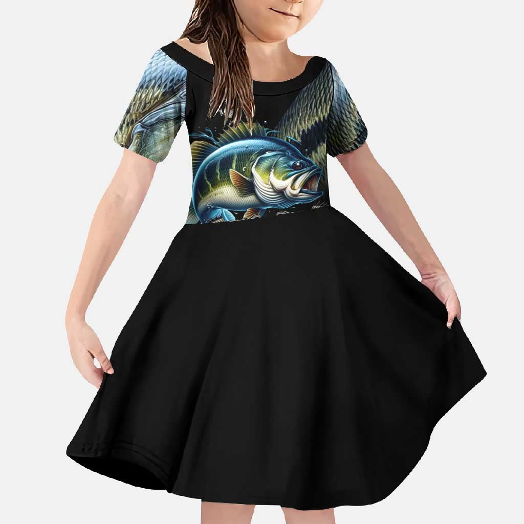 Largemouth Bass Fishing Scale Customize Name Family Matching Off Shoulder Maxi Dress and Hawaiian Shirt Aggressive Bass Scaled Texture and Black Sporty - Wonder Print Shop