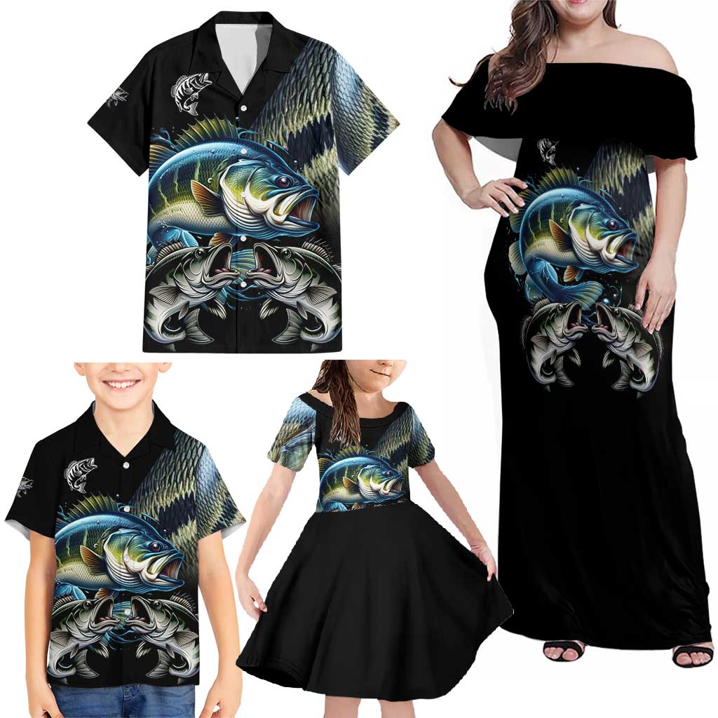 Largemouth Bass Fishing Scale Customize Name Family Matching Off Shoulder Maxi Dress and Hawaiian Shirt Aggressive Bass Scaled Texture and Black Sporty - Wonder Print Shop