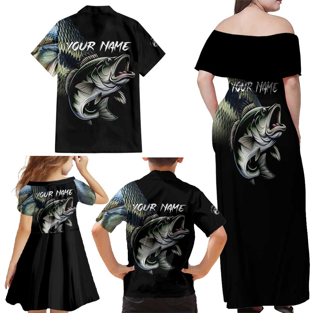 Largemouth Bass Fishing Scale Customize Name Family Matching Off Shoulder Maxi Dress and Hawaiian Shirt Aggressive Bass Scaled Texture and Black Sporty - Wonder Print Shop