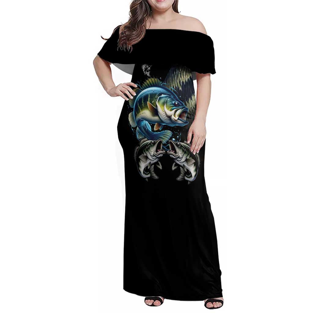 Largemouth Bass Fishing Scale Customize Name Family Matching Off Shoulder Maxi Dress and Hawaiian Shirt Aggressive Bass Scaled Texture and Black Sporty - Wonder Print Shop