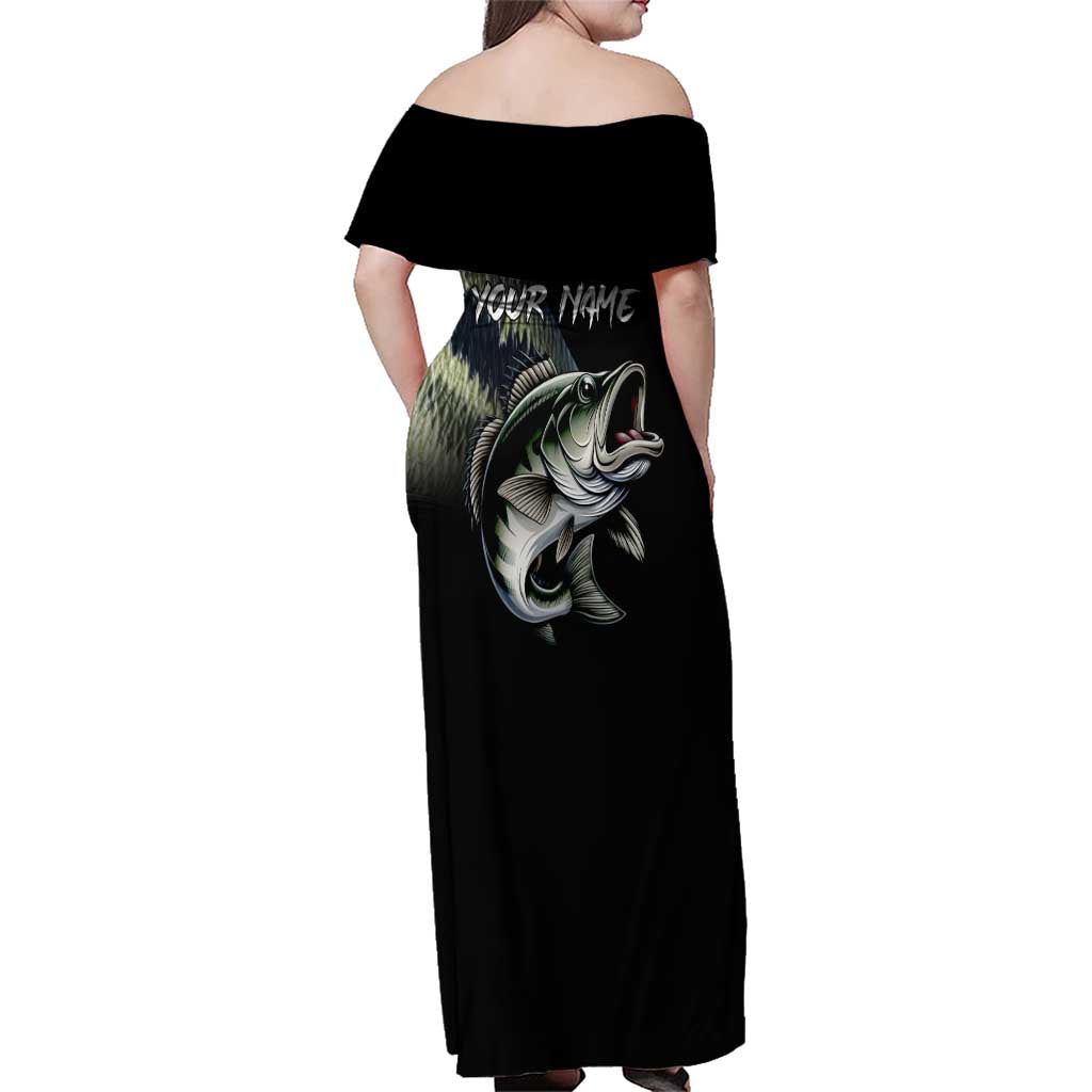 Largemouth Bass Fishing Scale Customize Name Family Matching Off Shoulder Maxi Dress and Hawaiian Shirt Aggressive Bass Scaled Texture and Black Sporty - Wonder Print Shop