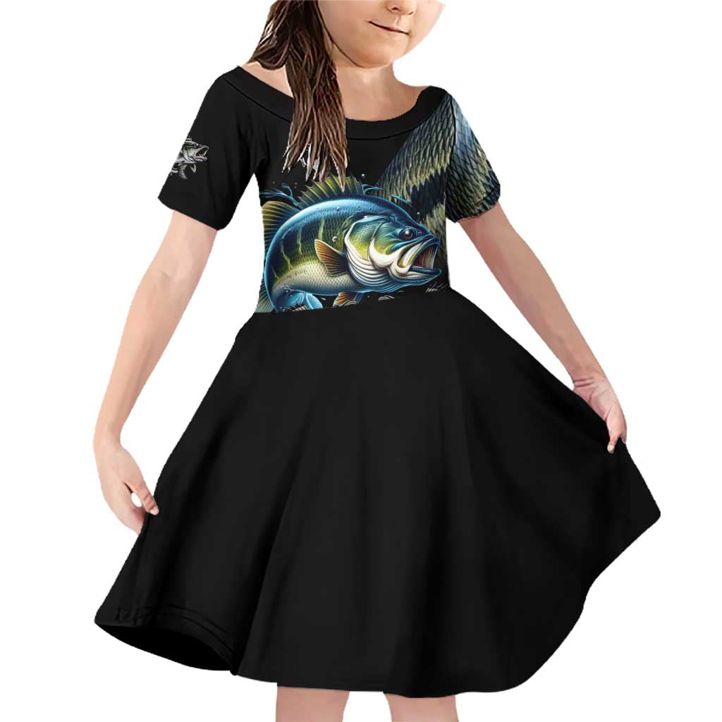 Largemouth Bass Fishing Scale Customize Name Family Matching Off Shoulder Short Dress and Hawaiian Shirt Aggressive Bass Scaled Texture and Black Sporty - Wonder Print Shop
