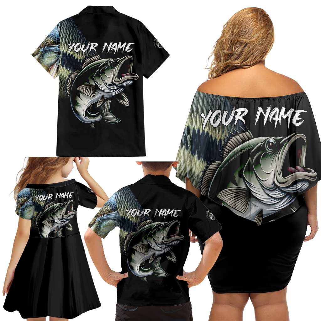 Largemouth Bass Fishing Scale Customize Name Family Matching Off Shoulder Short Dress and Hawaiian Shirt Aggressive Bass Scaled Texture and Black Sporty - Wonder Print Shop