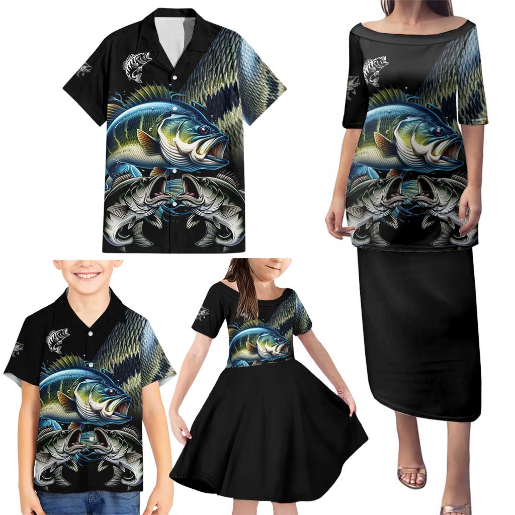 Largemouth Bass Fishing Scale Customize Name Family Matching Puletasi and Hawaiian Shirt Aggressive Bass Scaled Texture and Black Sporty - Wonder Print Shop