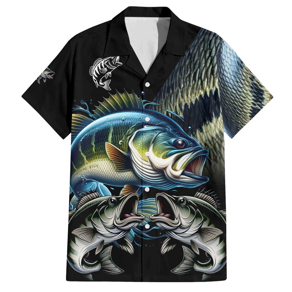 Largemouth Bass Fishing Scale Customize Name Family Matching Puletasi and Hawaiian Shirt Aggressive Bass Scaled Texture and Black Sporty - Wonder Print Shop